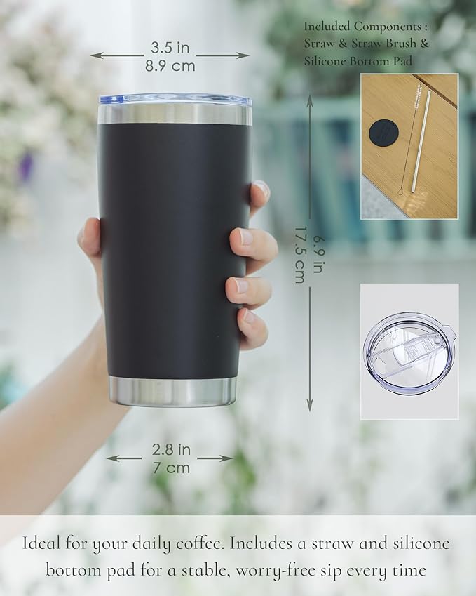 Travel Coffee Tumbler 20oz, 1 Pack Leakproof Travel Coffee Mug with Lid and Straw, Stainless Steel Double Wall Vacuum Insulated Tumbler for Hot/Iced Drinks (Textured Matte, Black)