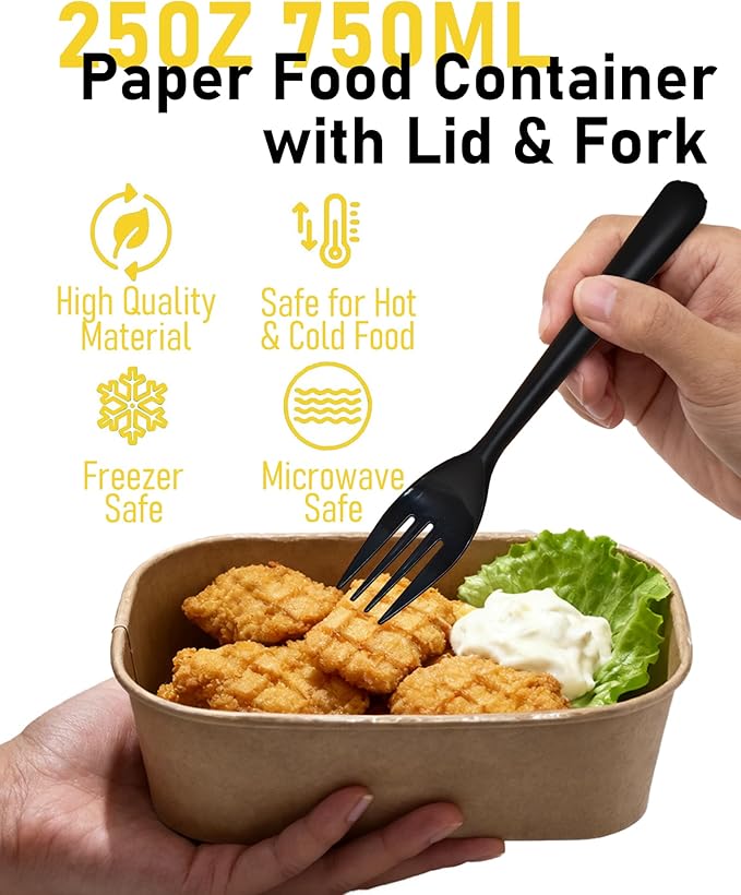 25OZ Paper Food Containers [with Lids & Forks] Disposable Meal Prep Containers 50 Pack Rectangle Take Out Box for Salad, Hot/Cold Food, Treat Serving Bowls for To Go Food, Office Lunch, Picnic, Party