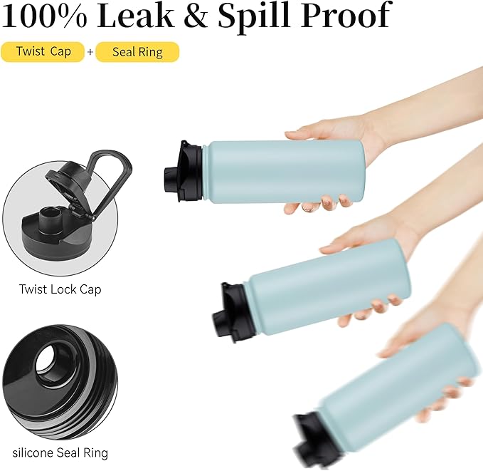 24 oz Insulated Water Bottle Bulk 8 Pack, Stainless Steel Sports Water Bottles with Straw Lid & Wide Mouth Lids, Double Walled Vacuum, Leak Proof, Turquoise Blue