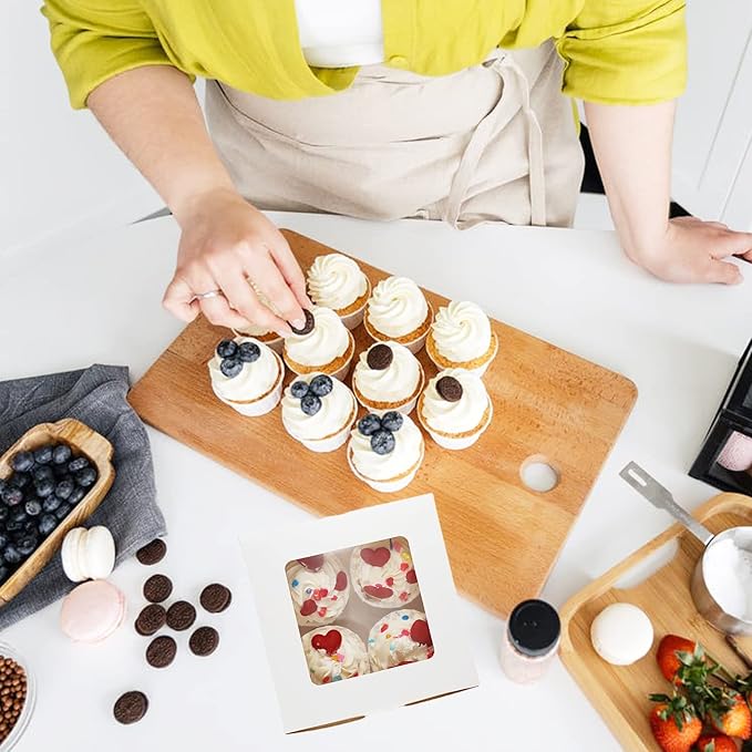 50-Set Cupcake Boxes Bulk with Clear Display Window Hold 4 Standard Cupcakes, Disposable Food Grade White Cupcake Carrier Cupcake Container, Perfect for Cupcakes Muffins Cookies Pastries