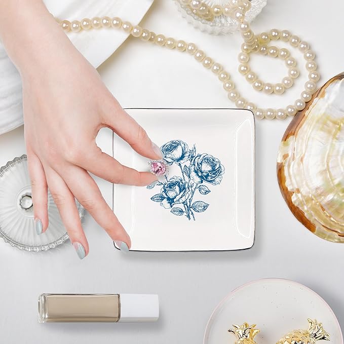 Blue Rose Floral Jewelry Tray, Vintage Flower Ceramic Jewelry Dish Tray for Rings & Earring for Graduation Gifts, Preppy Ring Dish, Chinoiserie Trinket Dish for Women Friends Sister Accessories