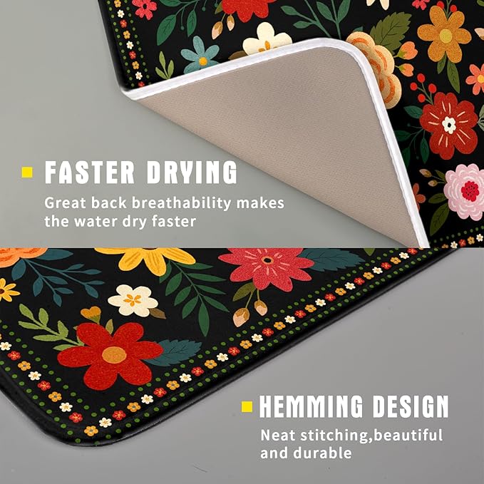 Boho Floral Dish Drying Mat 16x18 Inch Colorful Flower Dishes Dry Mats Absorbent Washable Drainer Rack Pad Protective Kitchen Counter Decor