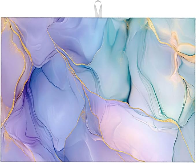 Bule Marble Dish Drying Mat for Kitchen Counter Microfiber Super Absorbent Non-Slip Dish Drying Pad for Countertops Dishes Utensils Stylish Quick-Dry Machine Washable 18x24 Inch