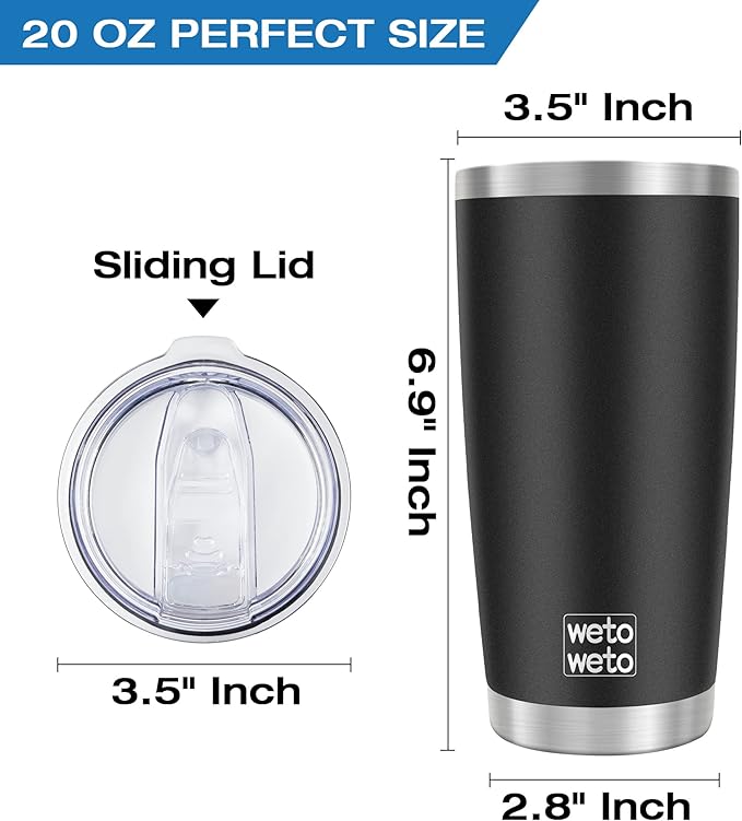 WETOWETO 20oz Tumbler, Stainless Steel Vacuum Insulated Coffee Travel Mug, Double Wall Powder Coated Insulated Coffee Mug Travel Mug with Lid Thermal Cup for Outdoor, Black, 6 Pack