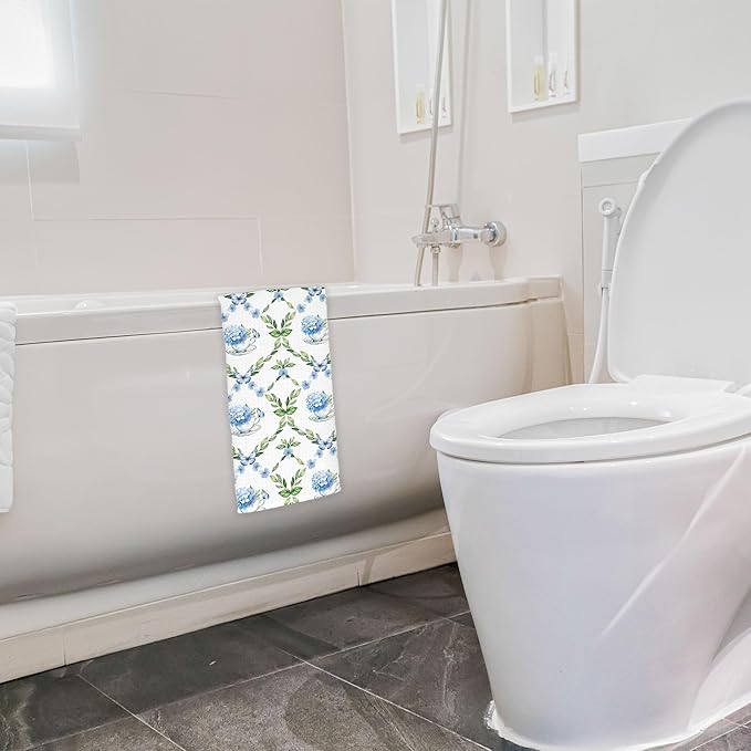 Blue Hydrangea Chinoiserie Floral Butterfly Tea Hand Dish Towels for Kitchen Bathroom, Chinoiserie Hydrangea Decor, Blue Hydrangeas Gifts, Coffee Towels for Coffee Bar Kitchen Bathroom, 16x24