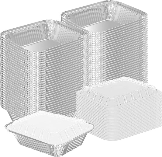 WANBAO 100 PACK 8.3"x6.2" Disposable Tin Foil Pans with Plastic Lids 2.25LB Aluminum Foil Food Containers for Cooking, Baking, Catering Party Meal Prep, Take Out, Freeze, Food Storage