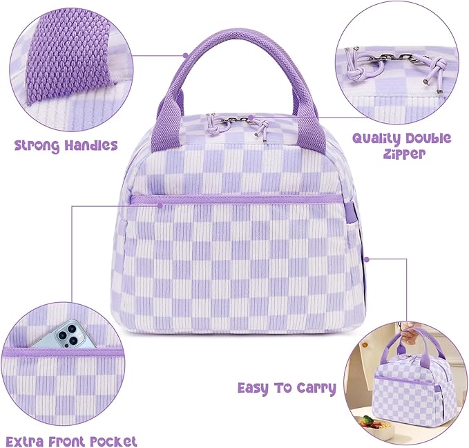 Bluboon Lunch Bag for Women Men Cute Corduroy Lunch Tote Bags Reusable Insulated Lunch Box Large Capacity Reusable Insulated Cooler for Work Picnic or Travel (Corduroy checkered purple)