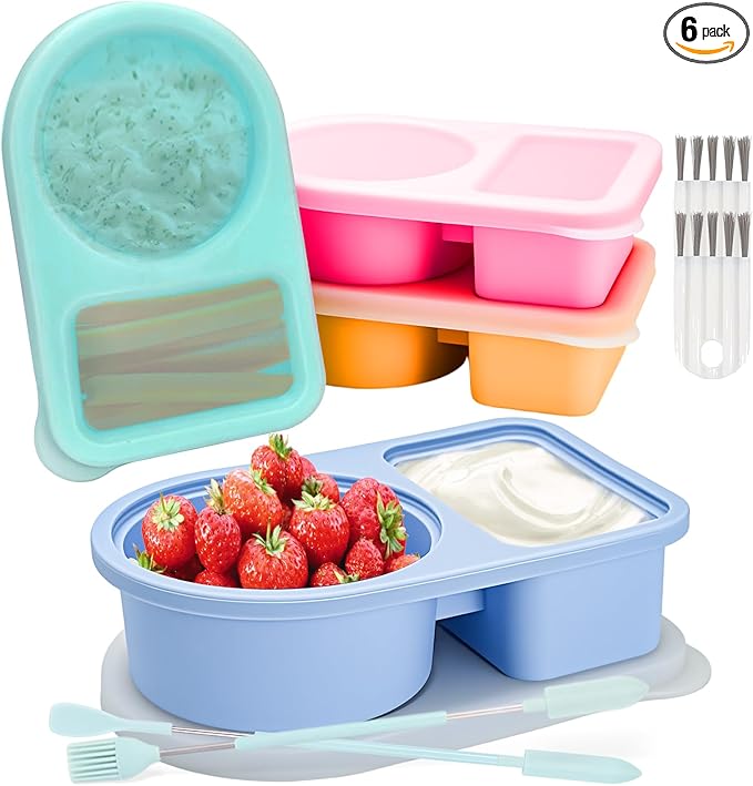 4 Pack Reusable Silicone Snack Containers with Semi-Transparent Lids, Small Leak-Proof 2 Compartment Condiment Container for Sauce, Fruit, Portable Food Storage Box for Office, Travel, Outdoors