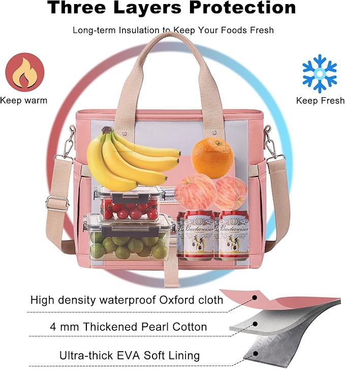 Weitars Insulated Lunch Bag for Women,Leak Proof Lunch Box for Work,Extra Large Lunch Tote Bag With Removable Shoulder Strap with Side Pockets,Reusable Lunch Bag For Picnic Hiking