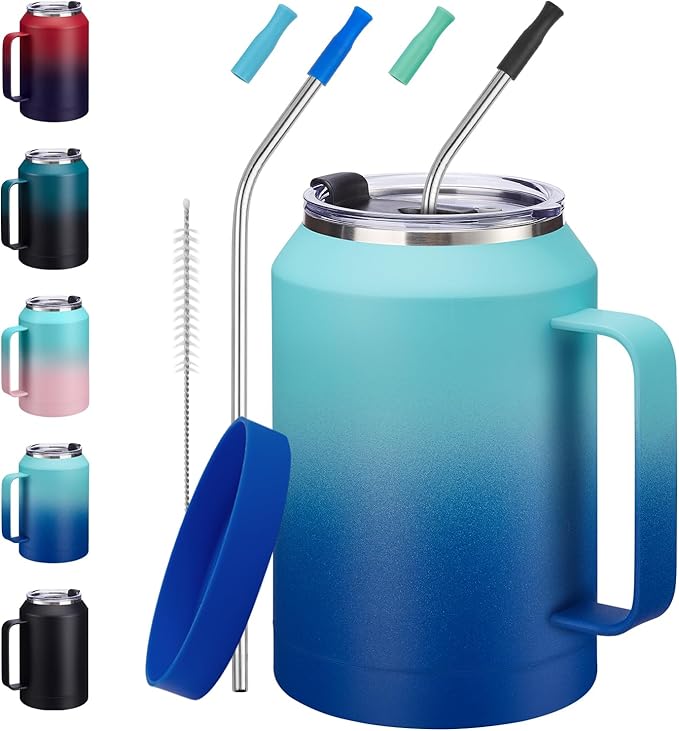 32/50 oz Travel Coffee Mug Tumbler - w/Handle and Straw, 32oz Stainless Steel Mugs with Lid, Insulated Tumblers Cup Keep Cold-36H Hot-24H, Reusable Home Office Work Wide Mouth Water Bottle