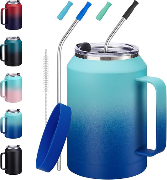 32/50 oz Travel Coffee Mug Tumbler - w/Handle and Straw, 32oz Stainless Steel Mugs with Lid, Insulated Tumblers Cup Keep Cold-36H Hot-24H, Reusable Home Office Work Wide Mouth Water Bottle