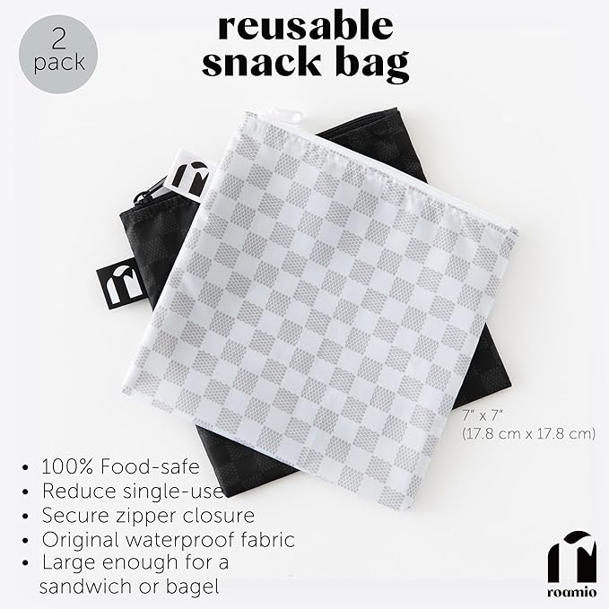 Roamio Reusable Sandwich and Snack Bags, for Kids School Lunch and for Adults Portion, Washable Fabric, Waterproof Cloth Zip Bag, Travel Pouch, Food-Safe Storage, Large 2-pk Black Check and Off White