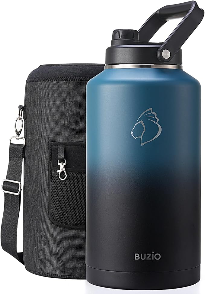 BUZIO 2 Gallon Water Bottle Insulated, (Cold for 48 Hrs) 256oz Extra Large Water Jug Stainless Steel, 4.4in Big Wide Mouth Leak Proof Metal Flask with Handle for Camping,Work,Travel, Indigo Black