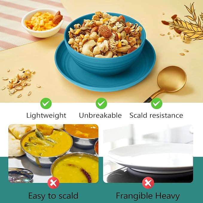 Teivio 32-Piece Kitchen Plastic Wheat Straw Dinnerware Set, Service for 8, Dinner Plates, Dessert Plate, Cereal Bowls, Cups, Unbreakable Colorful Plastic Outdoor Camping Dishes,Coastal