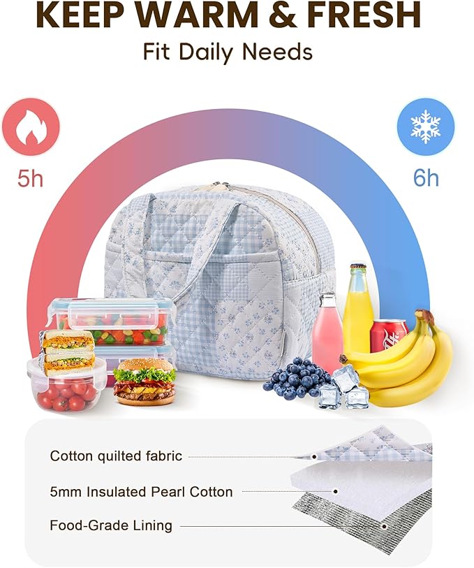 Quilted Lunch Box for Women,Insulated Cute Reusable Lunch Bag with Front Pocket,Pink Flower Stylish Lunch Tote Bag for Work, Office,Picnic, Travel,School (green blue pin)