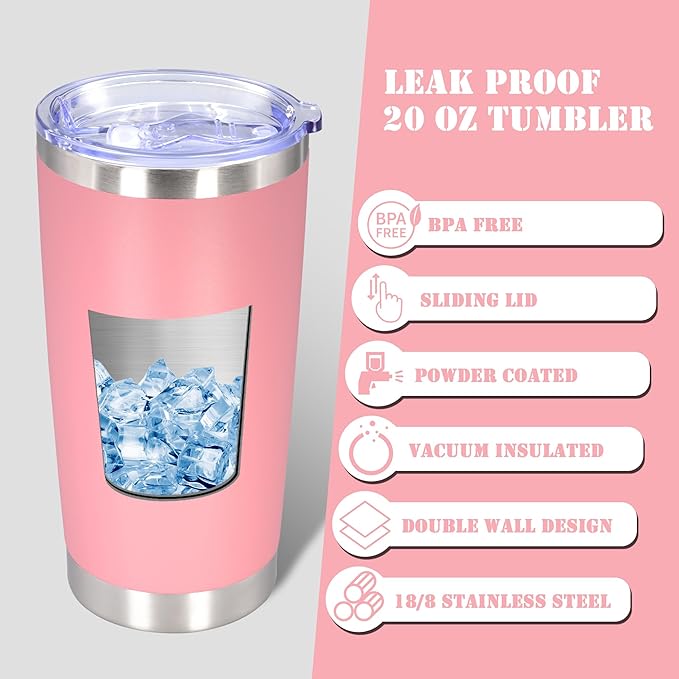 20 oz Tumbler with lid Double Wall Vacuum Insulated Tumblers Stainless Steel Coffee Mug Travel Coffee Tumbler Powder Coated Tumbler Cup Keep Hot&Cold - (Pink 12 Pack)