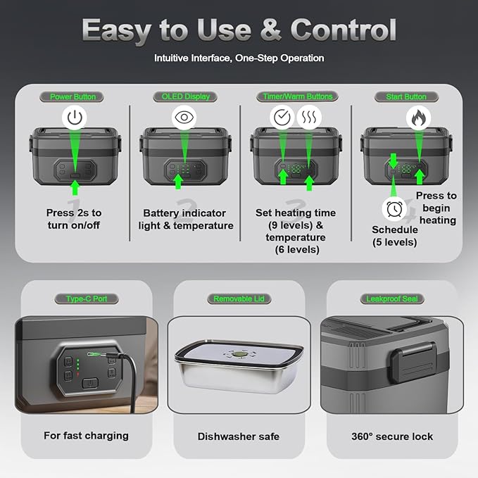 1.2L Cordless Electric Lunch Box - 21000mAh Heated Lunch Box Battery Powered with Automatic Heating, 9-Timer & 5-Temp Setting, Leakproof 304 Stainless Steel Container, Perfect for Office/Truck/Outdoor