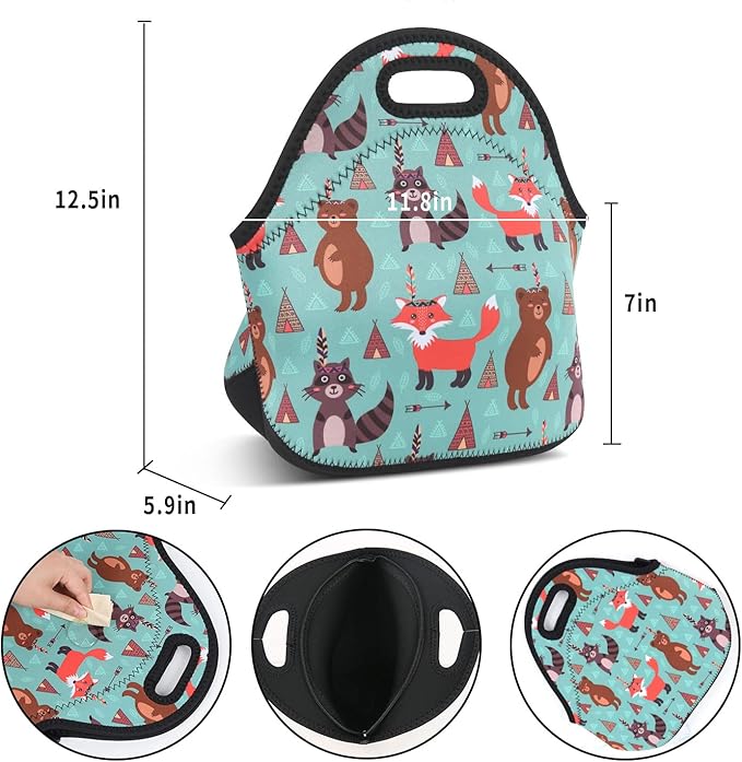 Violet Mist Womens Reusable Neoprene Lunch Bag Cute Insulated Lunch Box Fox Bear Animal Thermal lunch bags Waterproof Food Handbags Meal Prep Lunchbags Travel Work Gift for Women Men Adult