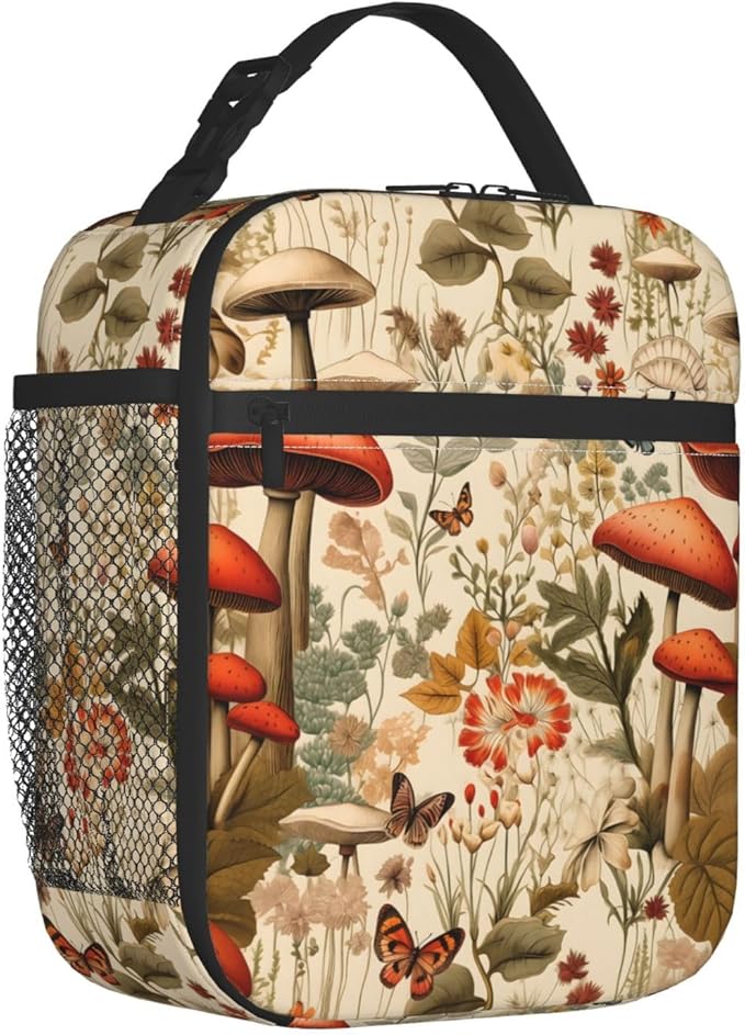 Reusable Mushroom Retro Lunch Box for Kids, Insulated Butterfly Floral Vintage Bag,Polyester Cooler Nature Lovers Handbags Case for School Picnic Work Travel Beach or Hiking, Gifts