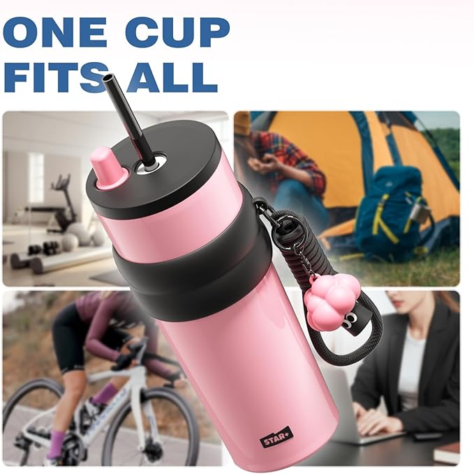 24 oz Stainless Steel Tumbler with Lid and Straw, Insulated Water Bottle Leak Proof for Hot and Cold, Portable Travel Coffee Mug, Reusable Coffee Cup for Women, Pink
