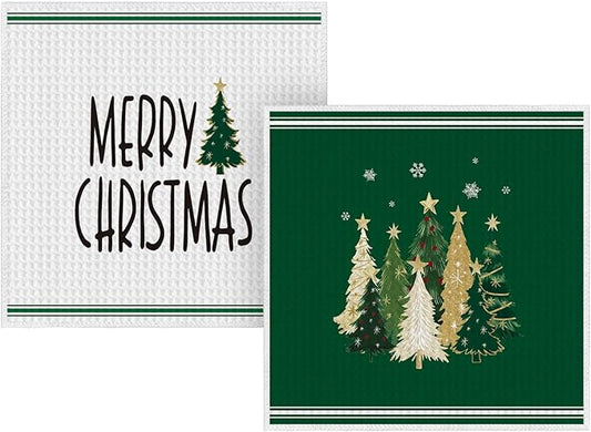 Artoid Mode Green Star Xmas Tree Merry Christmas Kitchen Dish Cloths, 12x12 Inch Quick Dry Microfiber Dishcloths for Kitchen Dish Rags Set of 2