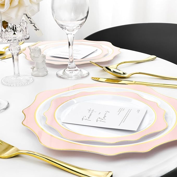 100 PCS White and Pink Disposable Plates for 50 Guests, Scalloped Plastic Plates Include 50 Dinner Plates and 50 Dessert Plates for Party, Wedding and Graduation