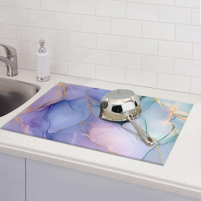 Bule Marble Dish Drying Mat for Kitchen Counter Microfiber Super Absorbent Non-Slip Dish Drying Pad for Countertops Dishes Utensils Stylish Quick-Dry Machine Washable 18x24 Inch
