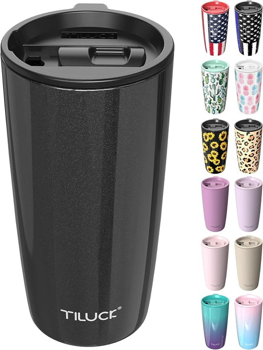 TILUCK 20 oz Tumbler with Leak-Proof Lid, Vacuum Insulated Stainless Steel Coffee Mug, Double-Walled Travel Tumbler for Hot and Cold Drinks(GlitterBlack, 20oz)