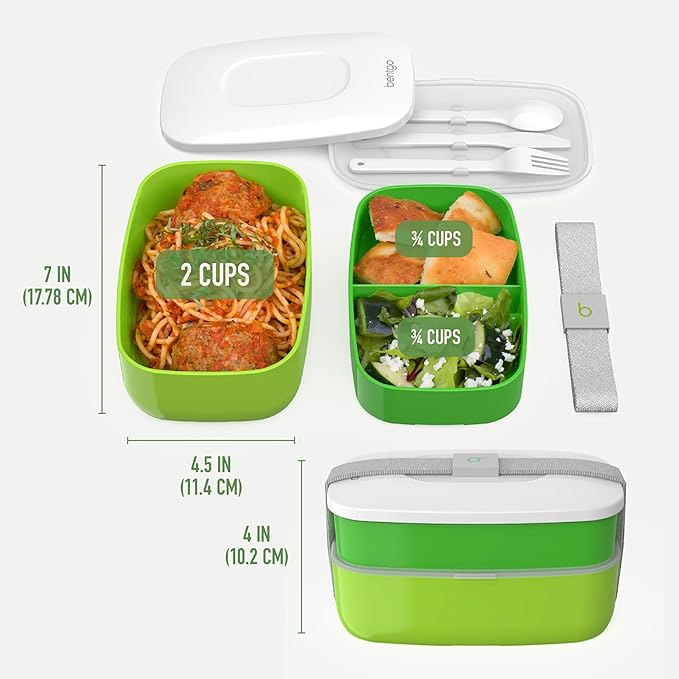 Bentgo Classic - Adult Bento Box, Stackable 3-Compartment Lunch Box with Removable Utensil Set and Sealing Strap, BPA-Free, Food Container Ideal for Meal Prep, Work, and On the Go (Green)