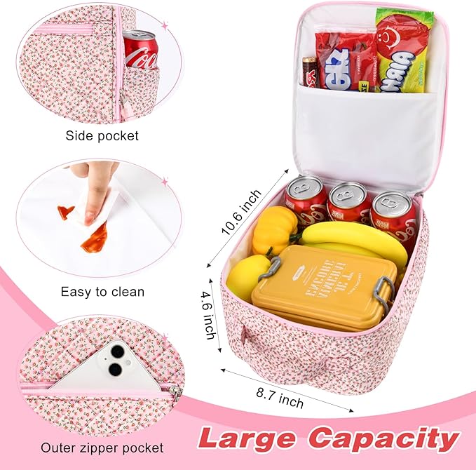 Aileam Lunch Box for Women Cute Lunch Bag Quilted Reusable Insulated Lunch Box Aesthetic Lunch Tote Bags Floral Cotton Lunch Case for Travel Work Picnic (PINK DITSY)