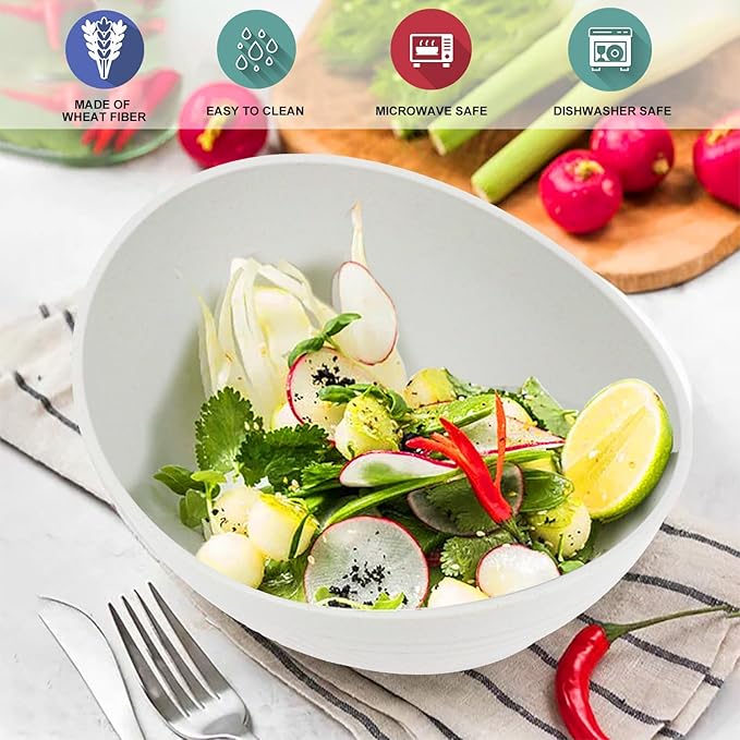 Wrova Wheat Straw Bowls Set of 2 with Textured Pattern,Unbreakable Large Salad Bowls,Plastic Bowls Dishwasher & Microwave,Sturdy and Stackable Kitchen Bowl Sets for Serving,Oatmeal.White