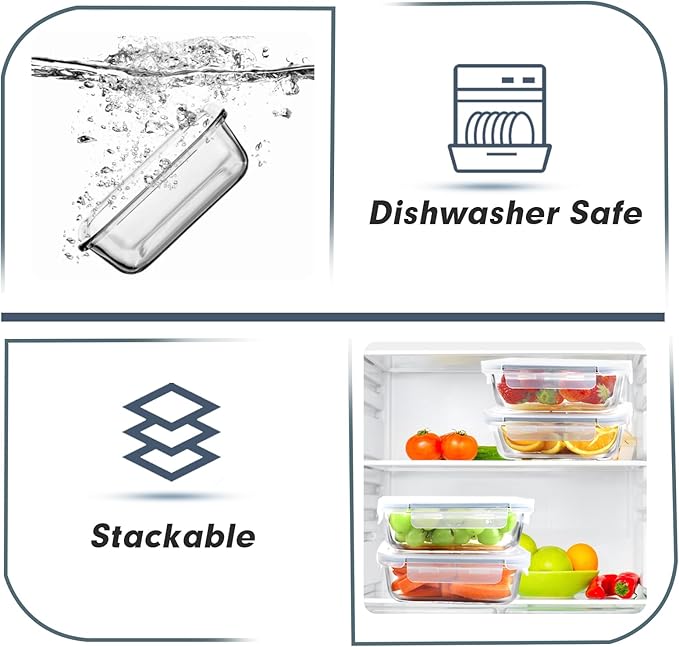 BAYZZ Glass Meal Prep Containers, 10 Packs 22 oz Glass Food Storage Containers with Lids, Airtight Lunch Box, Microwave,Freezer,Dishwasher Safe