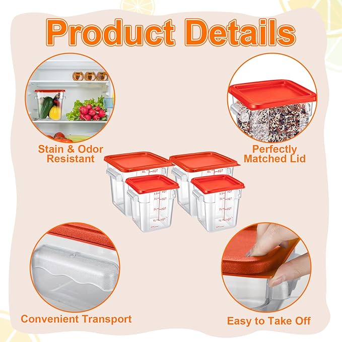 Suclain 8 Pack 4 QT and 6 QT Food Storage Containers with Lids Scales Handles Square Clear Restaurant Food Storage Containers Polycarbonate Commercial Grade for Kitchen Marinating Meat Dough(Red)