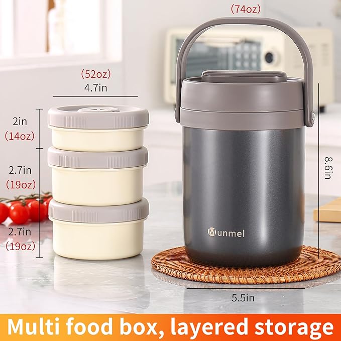 Adults Lunch Vacuum Soup Thermo For Hot Food with Inserts Stackable Bento Box Storage Container,Width Mouth Stainless Steel Portable Insulated Food Jar (grey, 74 oz)