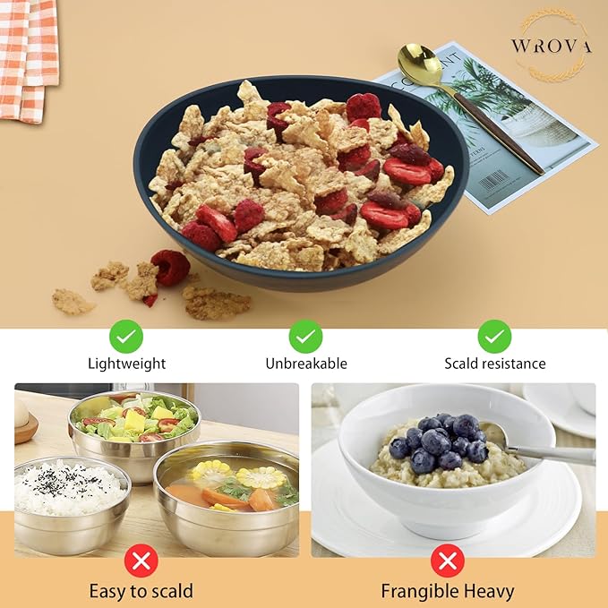 Wrova 65oz Large Salad Bowls Black - Wheat Straw Salad bowls Set of 4 - Unbreakable Salad Bowls Dishware & Microwave Safe - BPA Free Bowls for kitchen,camping