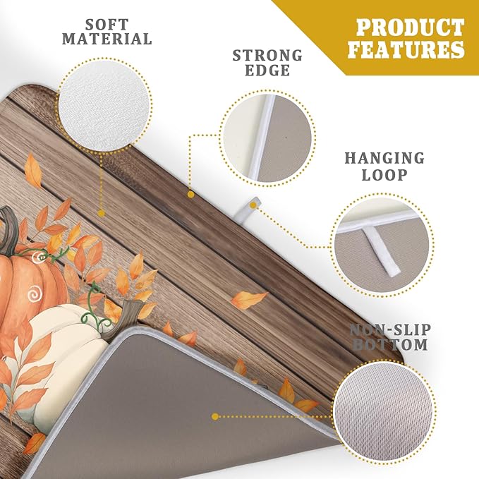 Autumn Pumpkin Dish Drying Mat Rustic Wood Dish Drainer Mats Fast Dry Microfiber Reversible Dish Drying Pad Kitchen Decoration 18x24 inch