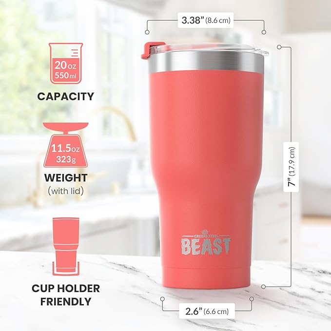 Beast 20 oz Tumbler Stainless Steel Vacuum Insulated Coffee Ice Cup Double Wall Travel Flask (Coral Pink)