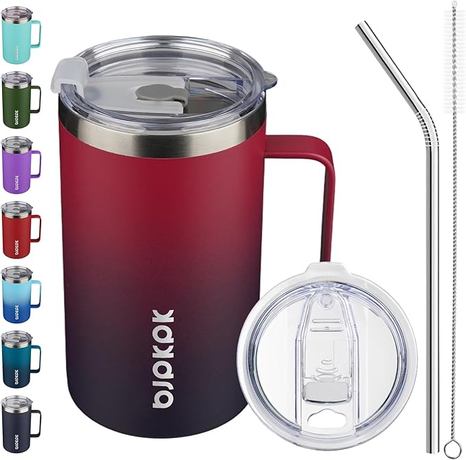 BJPKPK Insulated Coffee Mug with 2 Lids, 25oz Stainless Steel Insulated Tumbler with Handle, Double Wall Vacuum Coffee Cups, BPA Free Travel Mug for Coffee, Tea and Drinks, Charming Red & Blue