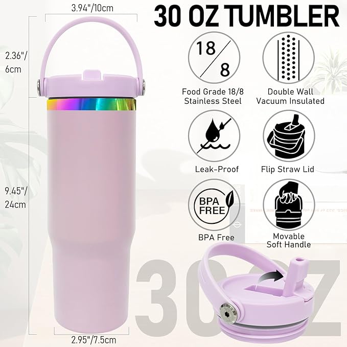 30 oz Tumbler with Handle and Straw, Vacuum Insulated Tumblers with Flip Straw and Top Handle, Leakproof Powder Coated Tumbler, Stainless Steel Travel Mug for Coffee Water (Purple)