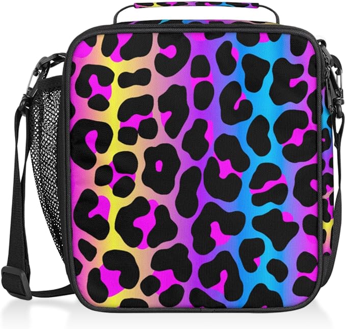 Rainbow Cheetah Leopard Print Lunch Bag Box for Kids Boys Girls Insulated Lunch Tote Bag with Adjustable Shoulder Strap Reusable Waterproof Thermal Cooler Bag for School Work Picnic Women Men