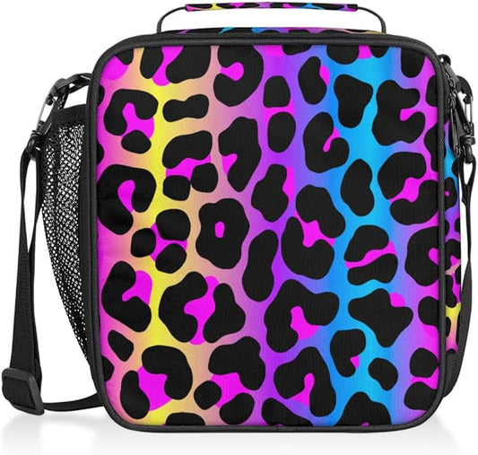 Rainbow Cheetah Leopard Print Lunch Bag Box for Kids Boys Girls Insulated Lunch Tote Bag with Adjustable Shoulder Strap Reusable Waterproof Thermal Cooler Bag for School Work Picnic Women Men
