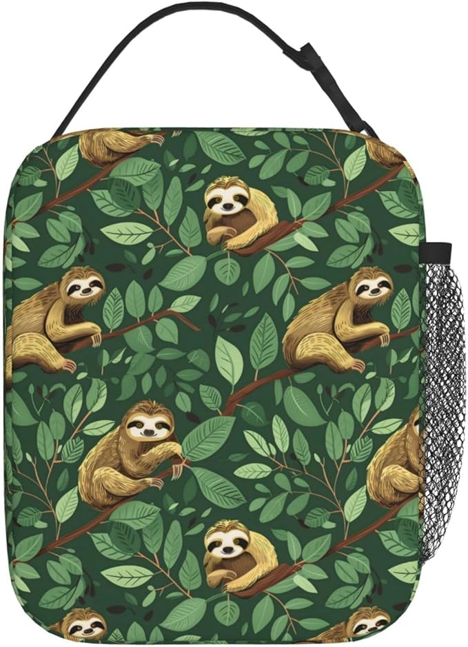 Reusable Sloth Lunch Box for Kids Girls Boys Women Adult, Insulated Cute Tropical Lunch Bag,Polyester Cooler Handbags Case for School Picnic Work Travel Beach or Hiking (Green)
