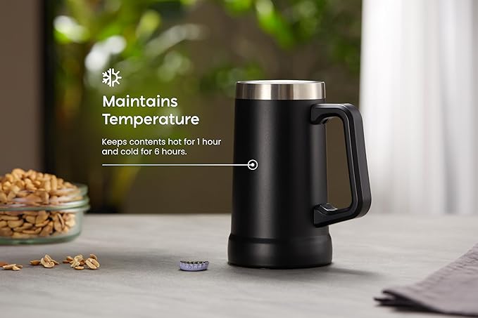 KooK Beer Stein, Stainless Steel Coffee Mug, Tumbler with Thermal Vacuum Insulation, Big Grip, Adventure, Double Walled Drinking Cup, Large Handle, Shatterproof, Black, 24 oz
