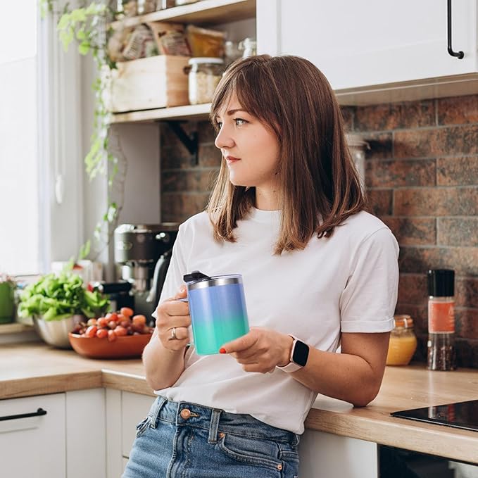 Volhoply 12oz Insulated Leakproof Coffee Mug with Flip & Straw Lid Bulk 4 Pack,Double Wall Vacuum Stainless Steel Travel Tumbler Cup with Handle,Camping Keep Cold/Hot(Purple Green,4 Set)