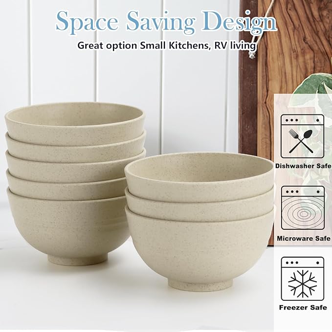 Wheat Straw Bowls Set of 8,10 OZ Small Bowls,Kids Bowls,Cereal Bowls,Plastic Bowls Reusable,Unbreakable Ice Cream Bowls for Dessert,Snack,BPA-Free,Dishwasher & Microwave Safe Bowls for Kitchen,Beige