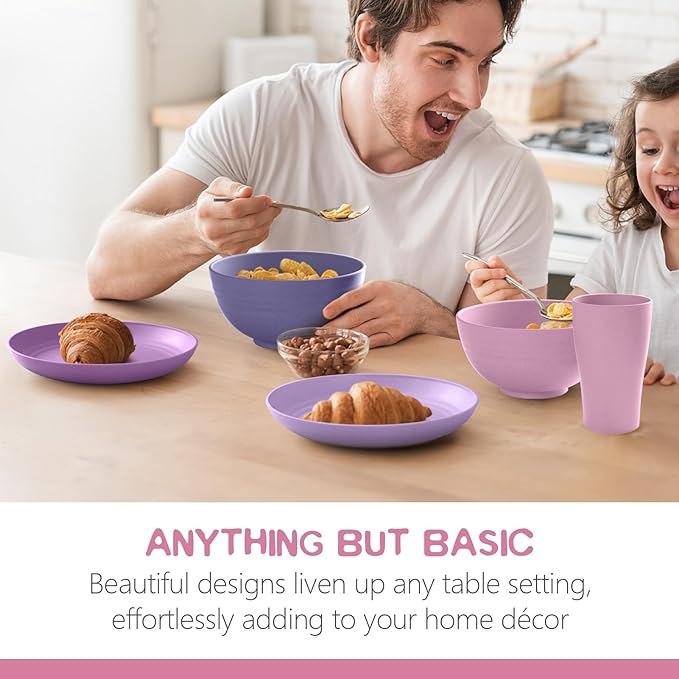 Teivio 32-Piece Kitchen Plastic Wheat Straw Dinnerware Set, Service for 8, Dinner Plates, Dessert Plate, Cereal Bowls, Cups, Unbreakable Colorful Plastic Outdoor Camping Dishes, Purple Ombre