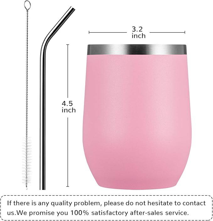 MEWAY 12oz/4 Pack Wine Tumbler Glasses with Lid - Stemless Double Wall Vacuum Stainless Steel Travel Tumbler - Keeping Cold & Hot for Wine,Coffee,Cocktails,Drinks-Family and Gifts (Pink,Set of 4)