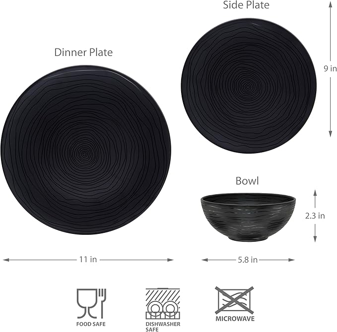 Bzyoo 12 Piece Melamine Dinnerware Set - Durable, Dishwasher Safe Organica Black Plates and Bowls Sets Casual Dish Set for Dining, Outdoor and Kitchen