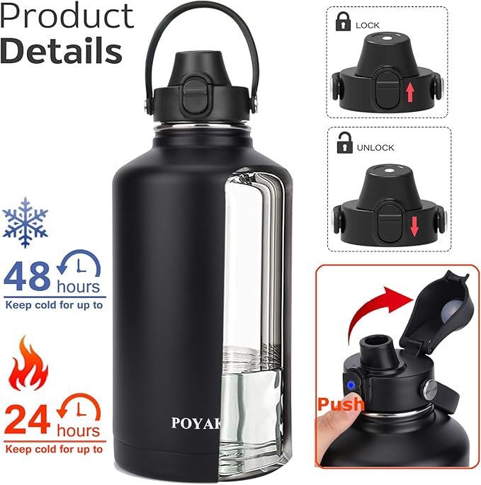 Water Bottle Insulated 32oz 40oz 64oz 128oz Straw Lid Spout Lid & 3 Lids, Leak Proof, Vacuum Insulated,Stainless Steel Water Bottle Wide Mouth for Sports, Gym or Office