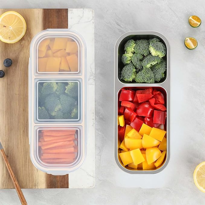 Stainless Steel Snack Containers, 2 Pack Leak-Proof Reusable Snack Containers with Lids, 2 Compartment & 3 Compartment Divided Food Storage Containers, 24 Oz, for School, Work, Outdoor, Travel